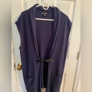 British Khaki Dark Blue Knit Long Women’s Vest. Black Belt Clasp at Waist